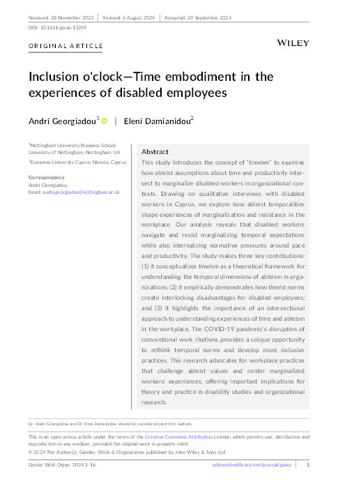 Inclusion o'clock—Time embodiment in the experiences of disabled employees Thumbnail