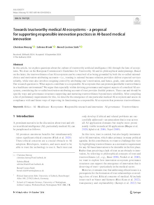 Towards trustworthy medical AI ecosystems – a proposal for supporting responsible innovation practices in AI-based medical innovation Thumbnail