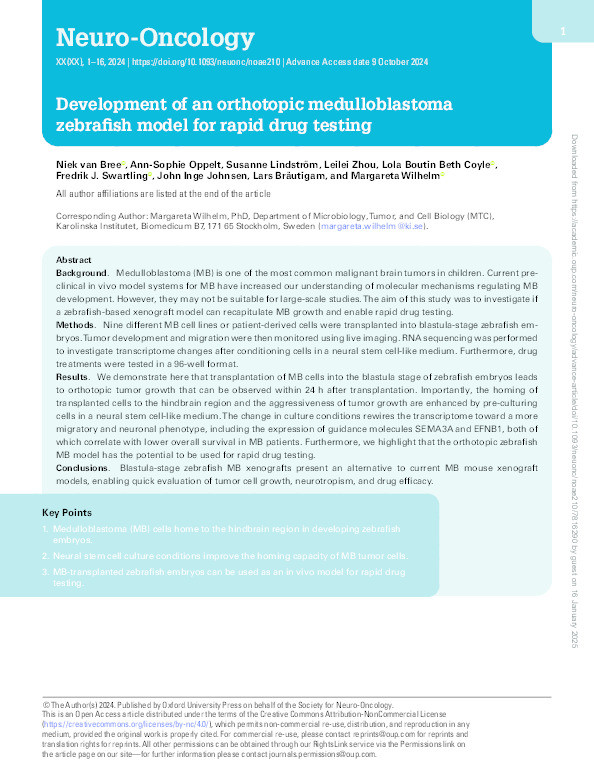 Development of an orthotopic medulloblastoma zebrafish model for rapid drug testing Thumbnail