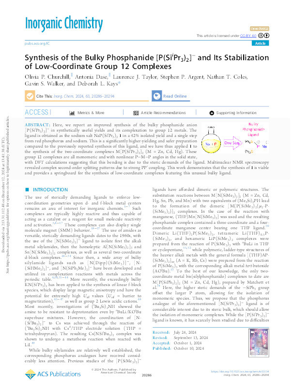 Synthesis of the Bulky Phosphanide [P(SiiPr3)2]− and Its Stabilization of Low-Coordinate Group 12 Complexes Thumbnail