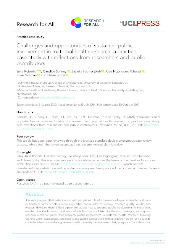 Challenges and opportunities of sustained public involvement in maternal health research: a practice case study with reflections from researchers and public contributors Thumbnail