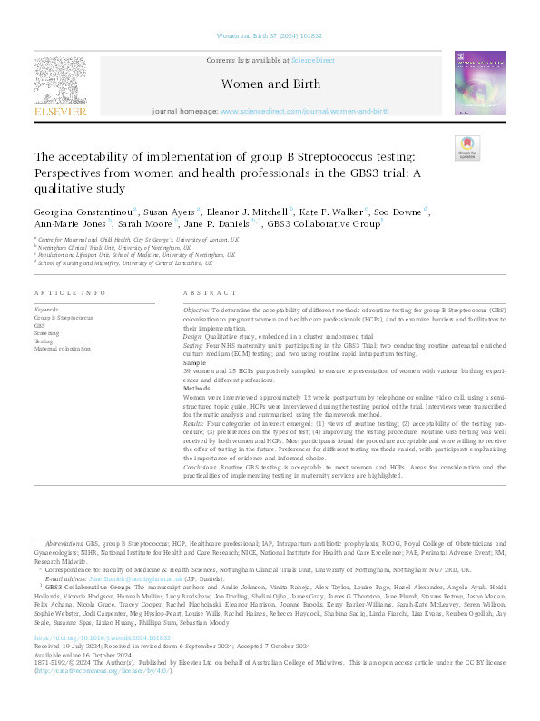 The acceptability of implementation of group B Streptococcus testing: Perspectives from women and health professionals in the GBS3 trial: A qualitative study Thumbnail