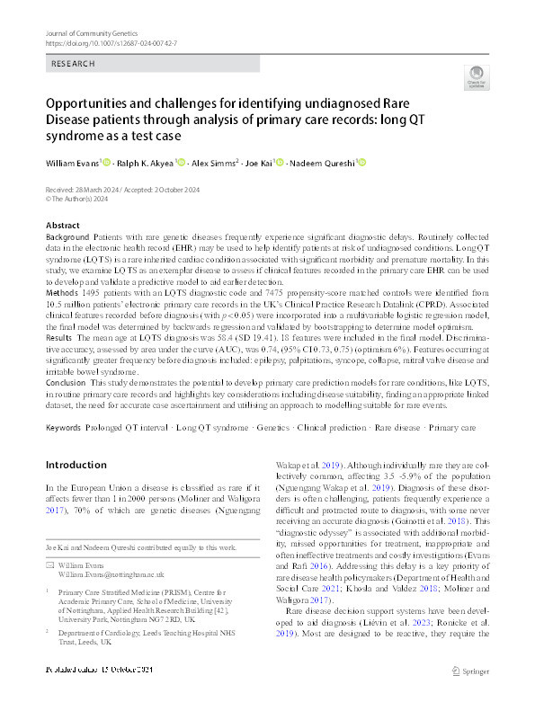 Opportunities and challenges for identifying undiagnosed Rare Disease patients through analysis of primary care records: long QT syndrome as a test case Thumbnail