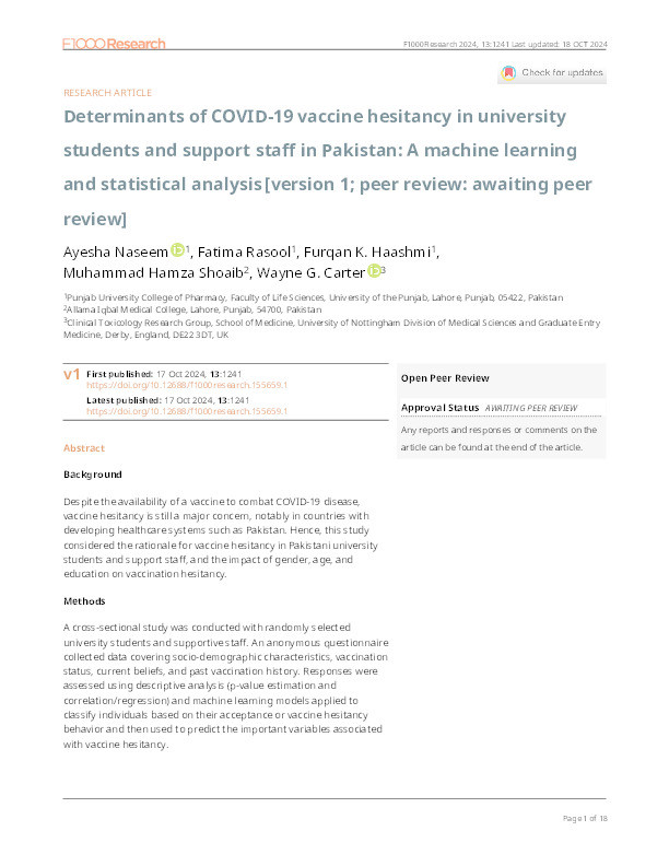 Determinants of COVID-19 vaccine hesitancy in university students and support staff in Pakistan: A machine learning and statistical analysis [version 1; peer review: awaiting peer review] Thumbnail