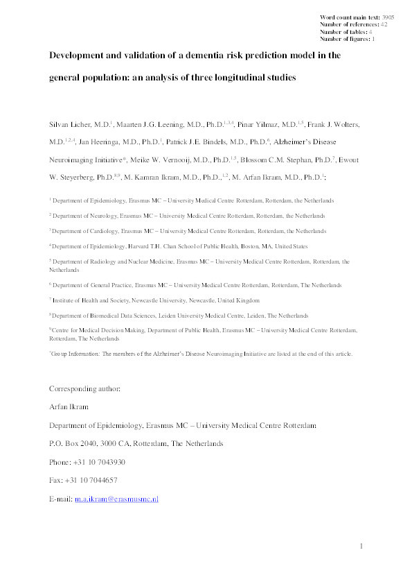 Development and Validation of a Dementia Risk Prediction Model in the General Population: An Analysis of Three Longitudinal Studies Thumbnail