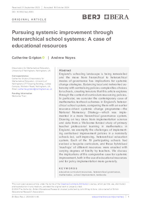 Pursuing systemic improvement through heterarchical school systems: A case of educational resources Thumbnail