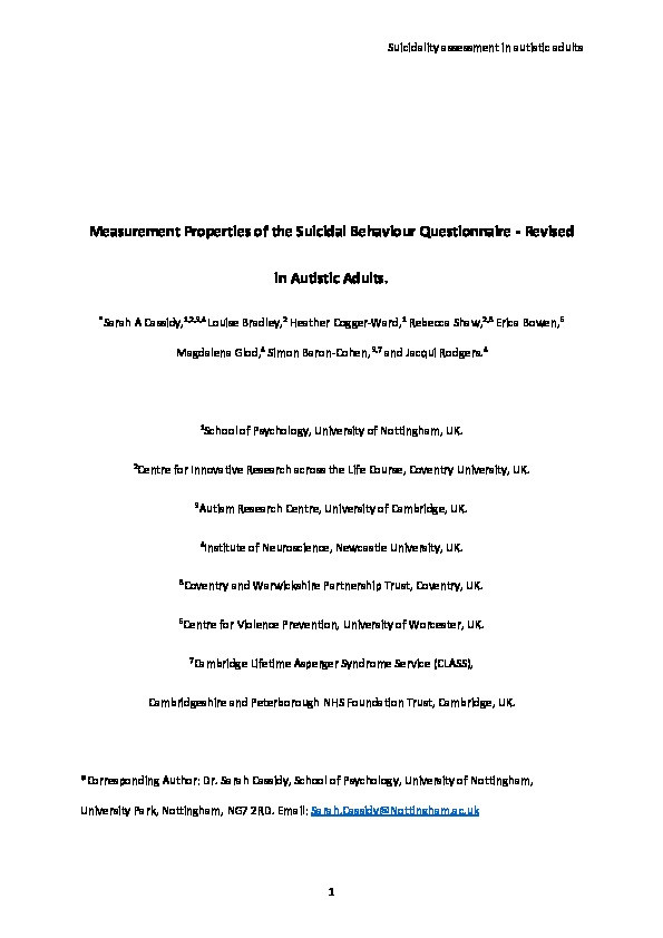 Measurement Properties of the Suicidal Behaviour Questionnaire-Revised in Autistic Adults Thumbnail