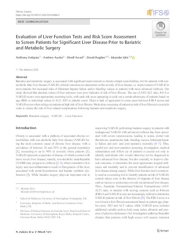 Evaluation of liver function tests and risk score assessment to screen patients for significant liver disease prior to bariatric and metabolic surgery Thumbnail
