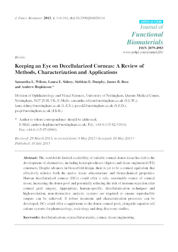 Keeping an Eye on Decellularized Corneas: A Review of Methods, Characterization and Applications Thumbnail