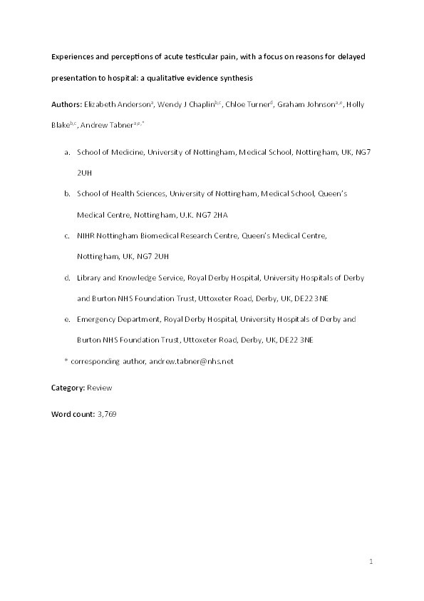 Experiences and perceptions of acute testicular pain, with a focus on reasons for delayed presentation to hospital: a qualitative evidence synthesis Thumbnail