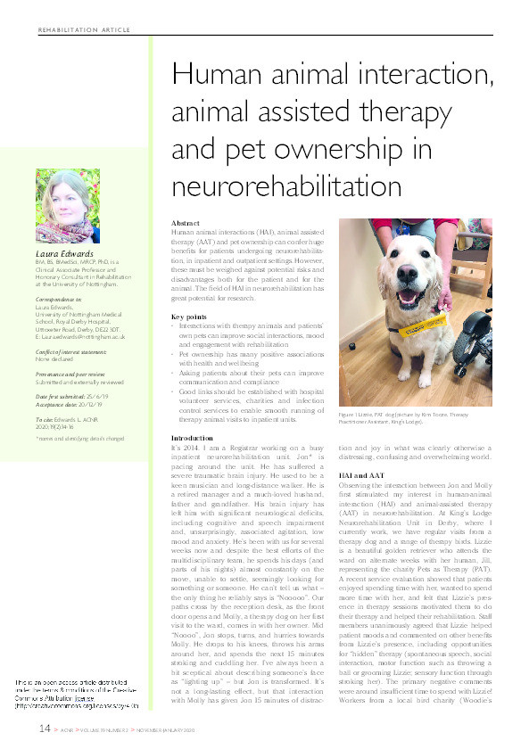 Human animal interaction, animal assisted therapy and pet ownership in neurorehabilitation Thumbnail