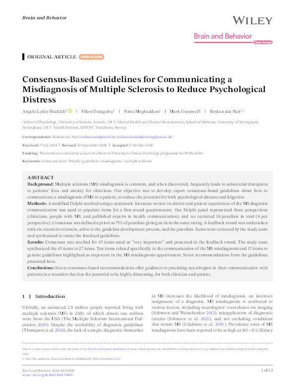 Consensus‐Based Guidelines for Communicating a Misdiagnosis of Multiple Sclerosis to Reduce Psychological Distress Thumbnail