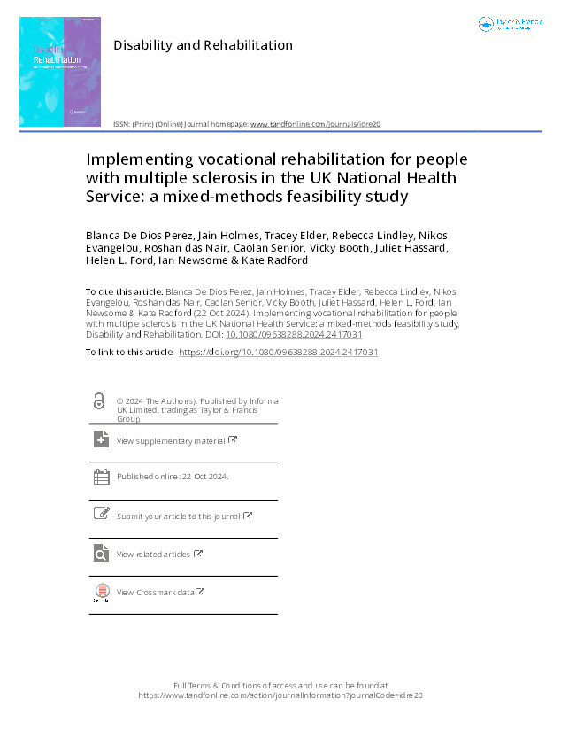 Implementing vocational rehabilitation for people with multiple sclerosis in the UK National Health Service: a mixed-methods feasibility study Thumbnail