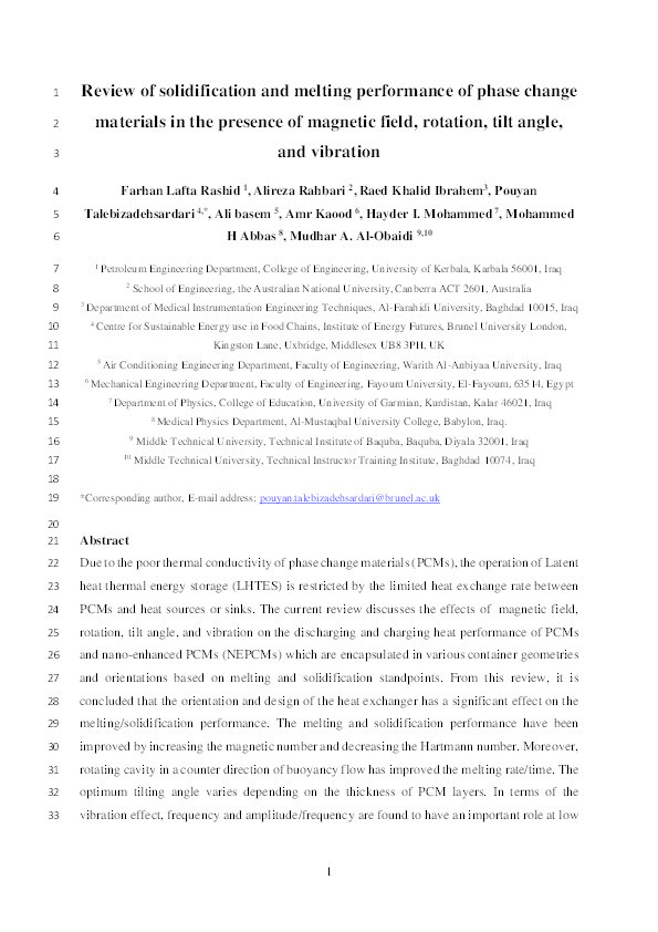 Review of solidification and melting performance of phase change materials in the presence of magnetic field, rotation, tilt angle, and vibration Thumbnail