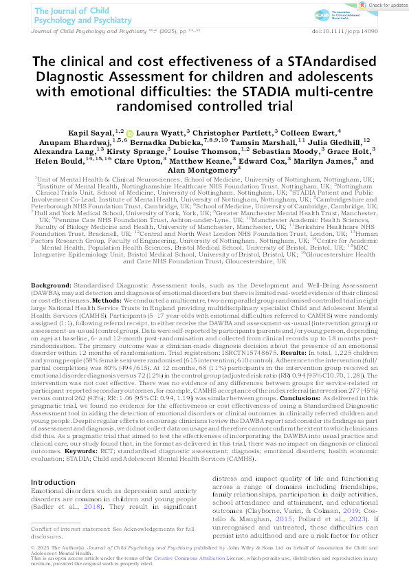 The clinical and cost effectiveness of a STAndardised DIagnostic Assessment for children and adolescents with emotional difficulties (STADIA); multi- centre randomised controlled trial Thumbnail