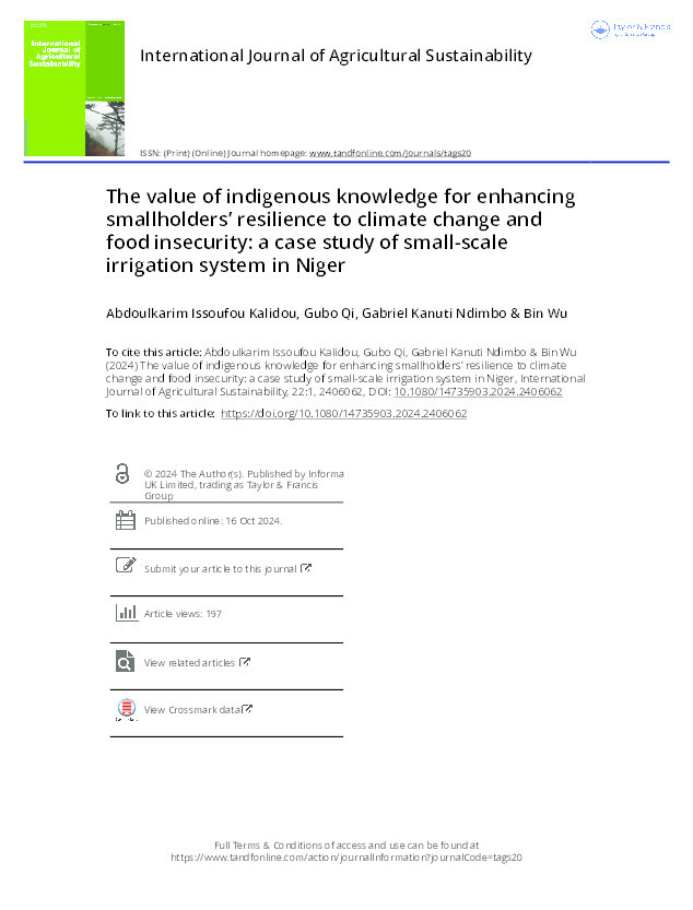 The value of indigenous knowledge for enhancing smallholders’ resilience to climate change and food insecurity: a case study of small-scale irrigation system in Niger Thumbnail