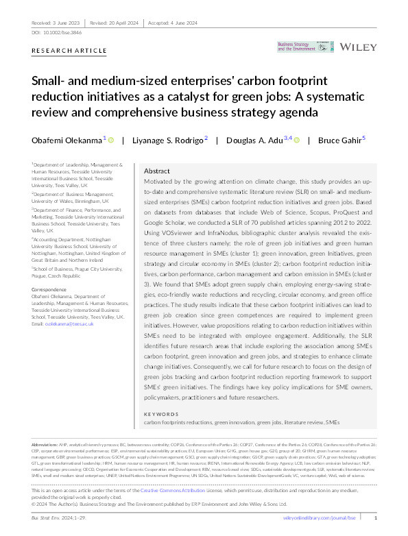 Small- and medium-sized enterprises' carbon footprint reduction initiatives as a catalyst for green jobs: A systematic review and comprehensive business strategy agenda Thumbnail