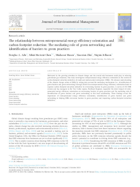 The relationship between entrepreneurial energy efficiency orientation and carbon footprint reduction: The mediating role of green networking and identification of barriers to green practices Thumbnail