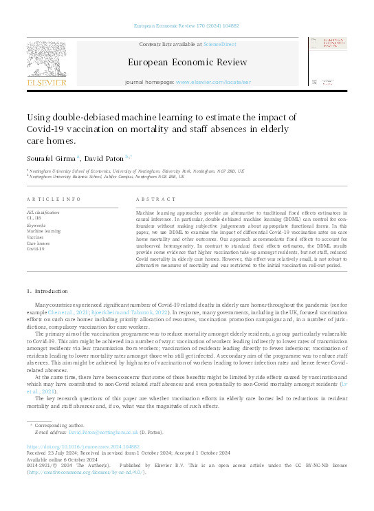 Using double-debiased machine learning to estimate the impact of Covid-19 vaccination on mortality and staff absences in elderly care homes Thumbnail