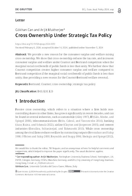 Cross Ownership Under Strategic Tax Policy Thumbnail