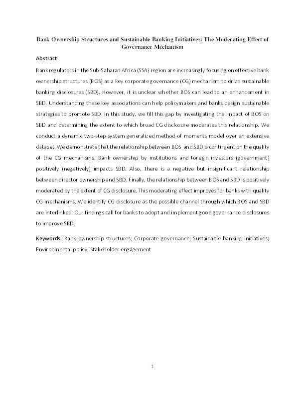 Bank ownership structures and sustainable banking initiatives: The moderating effect of governance mechanism Thumbnail