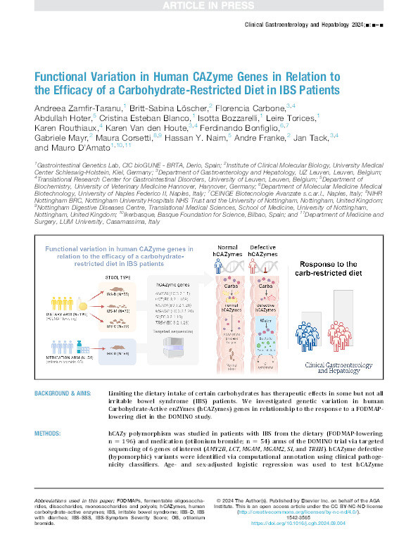 Functional Variation in Human CAZyme Genes in Relation to the Efficacy of a Carbohydrate-Restricted Diet in IBS Patients Thumbnail