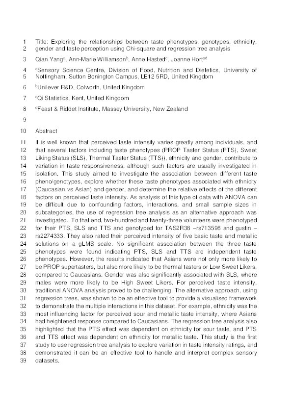 Exploring the relationships between taste phenotypes, genotypes, ethnicity, gender and taste perception using Chi-square and regression tree analysis Thumbnail