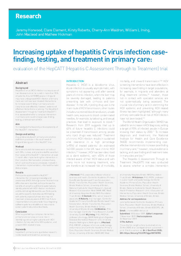 Increasing uptake of hepatitis C virus infection case- finding, testing, and treatment in primary care: evaluation of the HepCATT (Hepatitis C Assessment Through to Treatment) trial Thumbnail