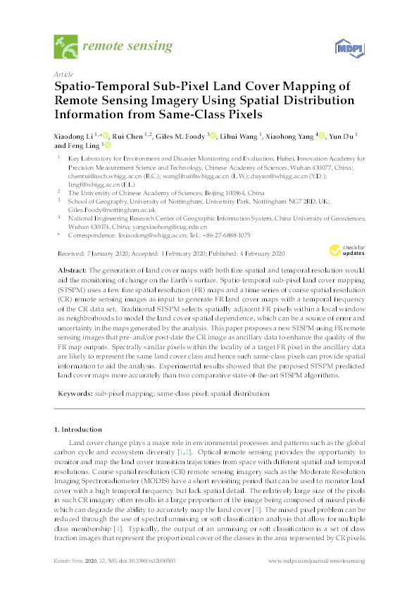 Spatio-temporal sub-pixel land cover mapping of remote sensing imagery using spatial distribution information from same-class pixels Thumbnail