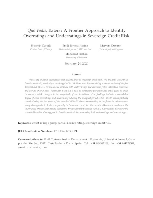 Quo Vadis, Raters? A frontier approach to identify overratings and underratings in sovereign credit risk Thumbnail