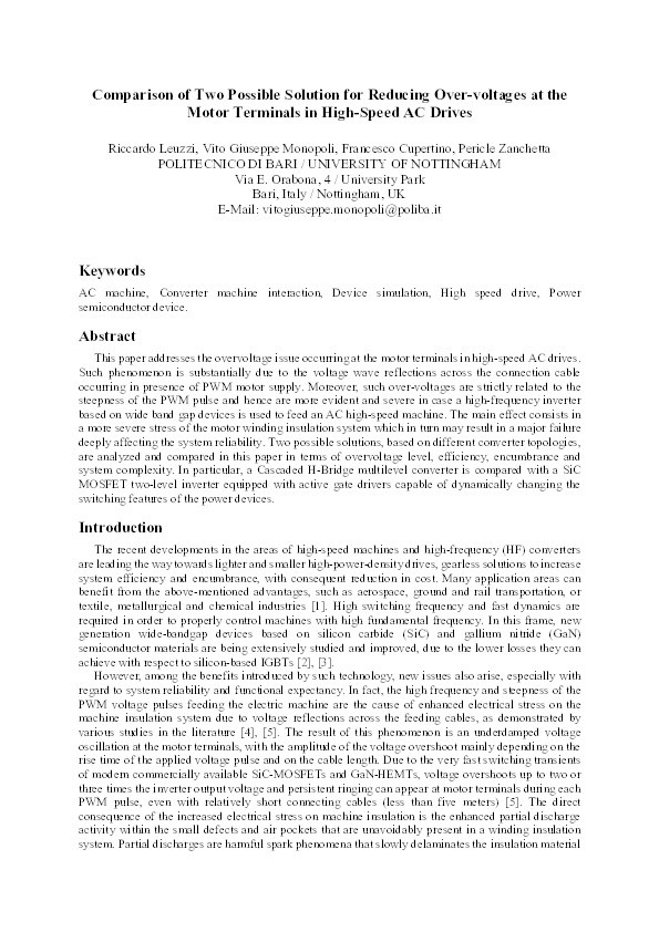 Comparison of Two Possible Solution for Reducing Over-voltages at the Motor Terminals in High-Speed AC Drives Thumbnail