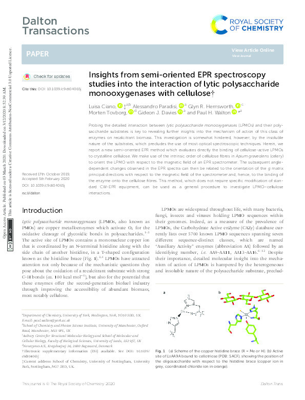 Insights from semi-oriented EPR spectroscopy studies into the interaction of lytic polysaccharide monooxygenases with cellulose Thumbnail