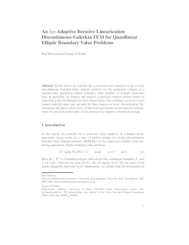 hp-Adaptive Iterative  Linearization Discontinuous-Galerkin FEM for Quasilinear Elliptic Boundary Value Problems Thumbnail