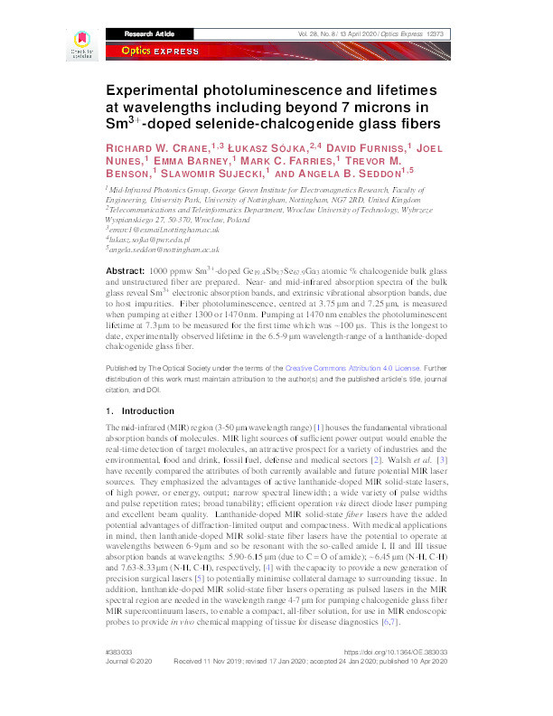 Experimental photoluminescence and lifetimes at wavelengths including beyond 7 microns in Sm3+-doped selenide-chalcogenide glass fibers Thumbnail