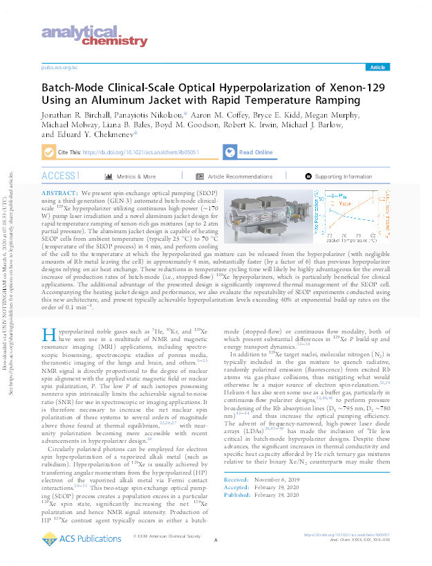 Batch-Mode Clinical-Scale Optical Hyperpolarization of Xenon-129 Using an Aluminum Jacket with Rapid Temperature Ramping Thumbnail