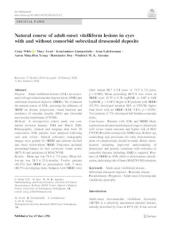Natural course of adult-onset vitelliform lesions in eyes with and without comorbid subretinal drusenoid deposits Thumbnail