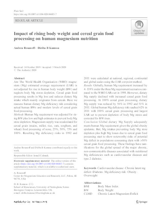 Impact of rising body weight and cereal grain food processing on human magnesium nutrition Thumbnail