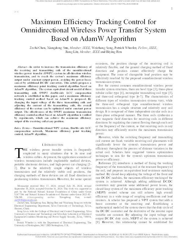 Maximum Efficiency Tracking Control for Omnidirectional Wireless Power Transfer System Based on AdamW Algorithm Thumbnail