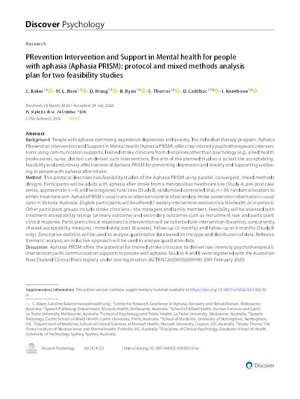 PRevention Intervention and Support in Mental health for people with aphasia (Aphasia PRISM): protocol and mixed methods analysis plan for two feasibility studies Thumbnail