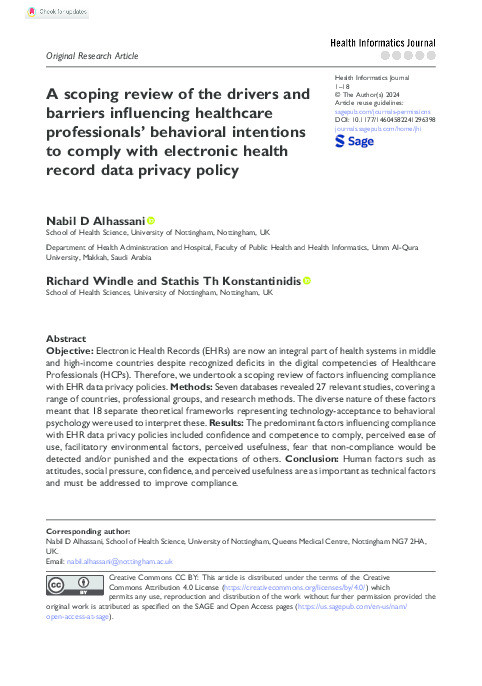 A scoping review of the drivers and barriers influencing healthcare professionals’ behavioral intentions to comply with electronic health record data privacy policy Thumbnail