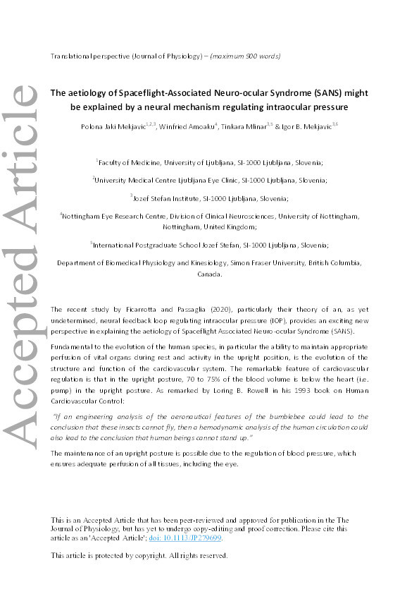 The aetiology of Spaceflight‐Associated Neuro‐ocular Syndrome (SANS) might be explained by a neural mechanism regulating intraocular pressure Thumbnail