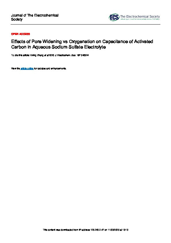 Effects of Pore Widening vs Oxygenation on Capacitance of Activated Carbon in Aqueous Sodium Sulfate Electrolyte Thumbnail
