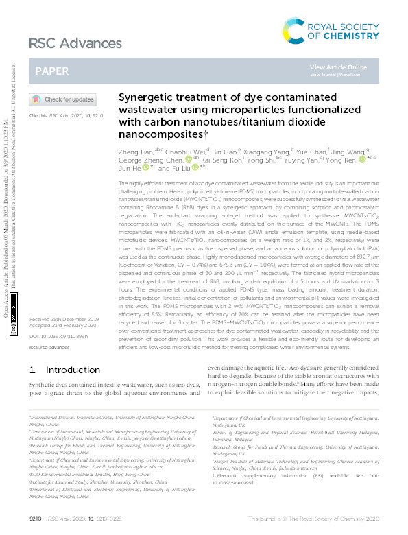 Synergetic treatment of dye contaminated wastewater using microparticles functionalized with carbon nanotubes/titanium dioxide nanocomposites Thumbnail