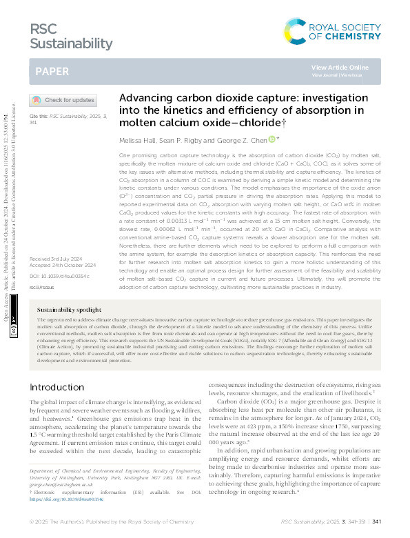 Advancing carbon dioxide capture: investigation into the kinetics and efficiency of absorption in molten calcium oxide-chloride Thumbnail