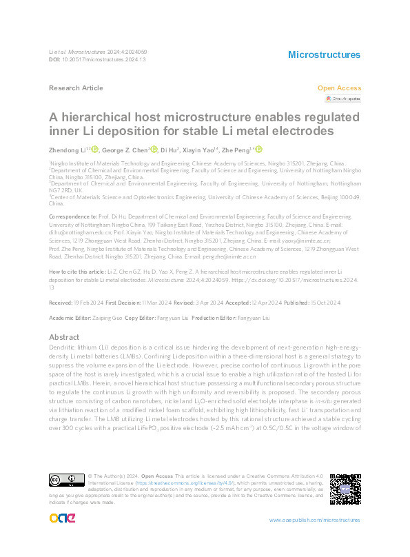 A hierarchical host microstructure enables regulated inner Li deposition for stable Li metal electrodes Thumbnail
