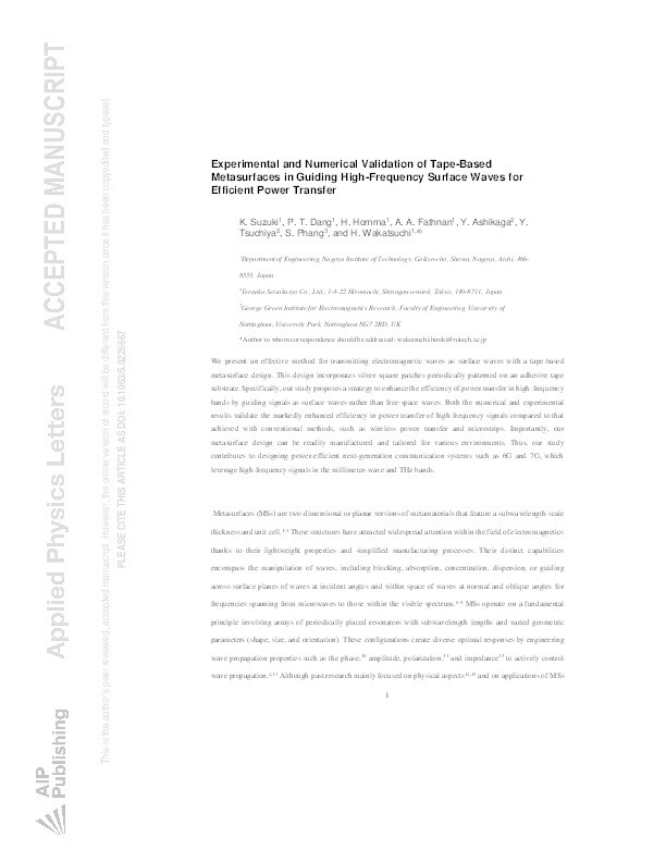 Experimental and numerical validation of tape-based metasurfaces in guiding high-frequency surface waves for efficient power transfer Thumbnail