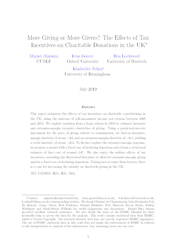 More giving or more givers? The effects of tax incentives on charitable donations in the UK Thumbnail