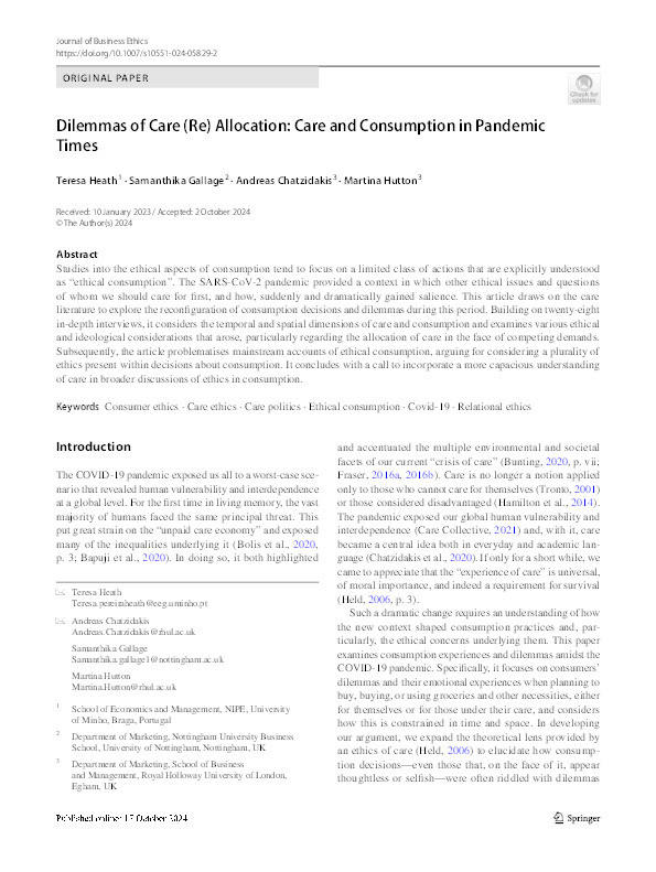 Dilemmas of Care (Re)Allocation: Care and Consumption in Pandemic Times Thumbnail