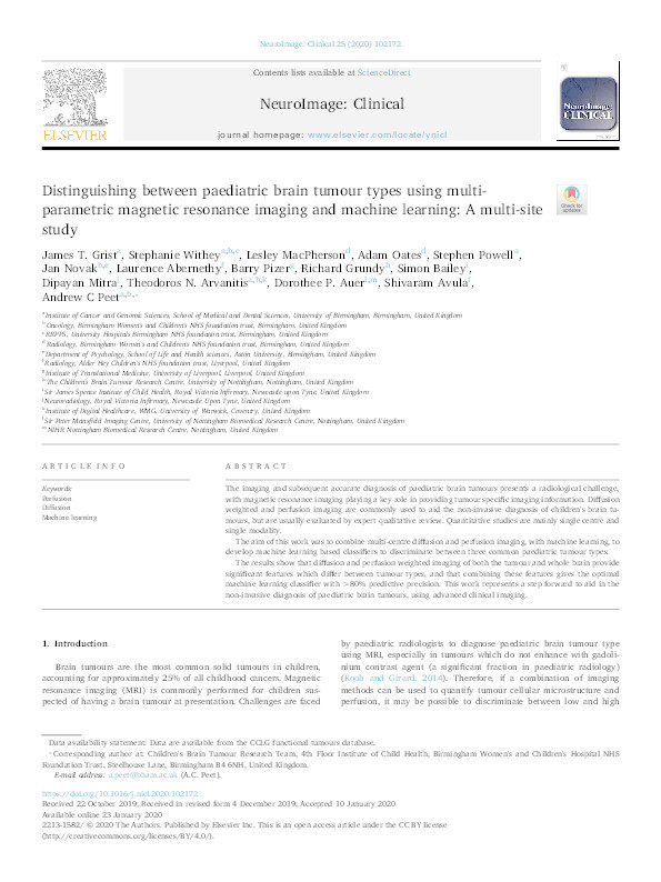 Distinguishing between paediatric brain tumour types using multi-parametric magnetic resonance imaging and machine learning: A multi-site study Thumbnail