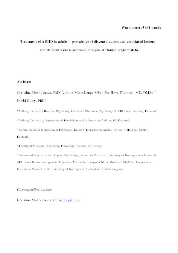 Treatment of ADHD in adults – prevalence of discontinuation and associated factors – results from a cross-sectional analysis of Danish register data Thumbnail